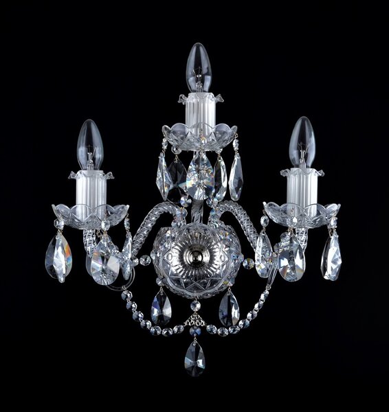 DBK GLASS 3 ramenné stříbrné křišťálové nástěnné svítidlo s kroucenými skleněnými rameny a křišťálovými mandlemi N-2010-3-NK