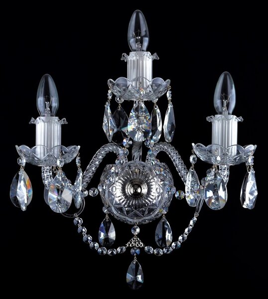 DBK GLASS 3 ramenné stříbrné křišťálové nástěnné svítidlo s kroucenými skleněnými rameny a křišťálovými mandlemi N-2010-3-NK