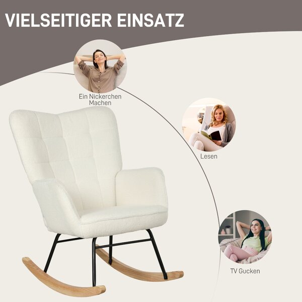 HOMCOM houpací křeslo — polstrované křeslo z berberského fleecu s bukovými kluzáky, ergonomické relaxační křeslo do obýváku a ložnice, bílé, nosnost 1