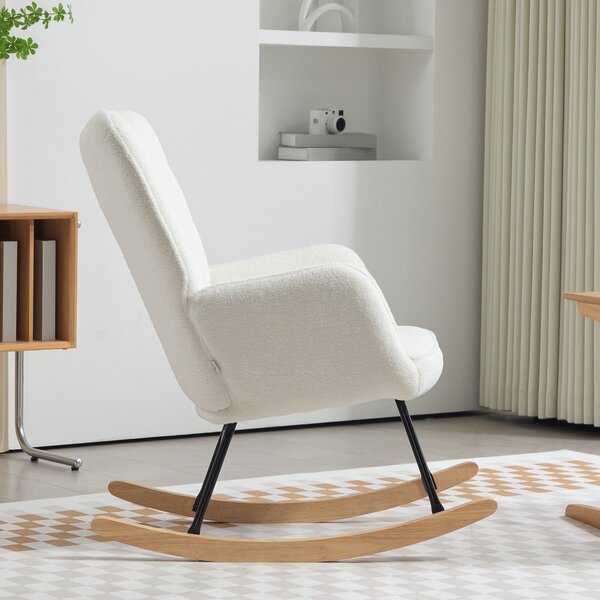 HOMCOM houpací křeslo — polstrované křeslo z berberského fleecu s bukovými kluzáky, ergonomické relaxační křeslo do obýváku a ložnice, bílé, nosnost 1