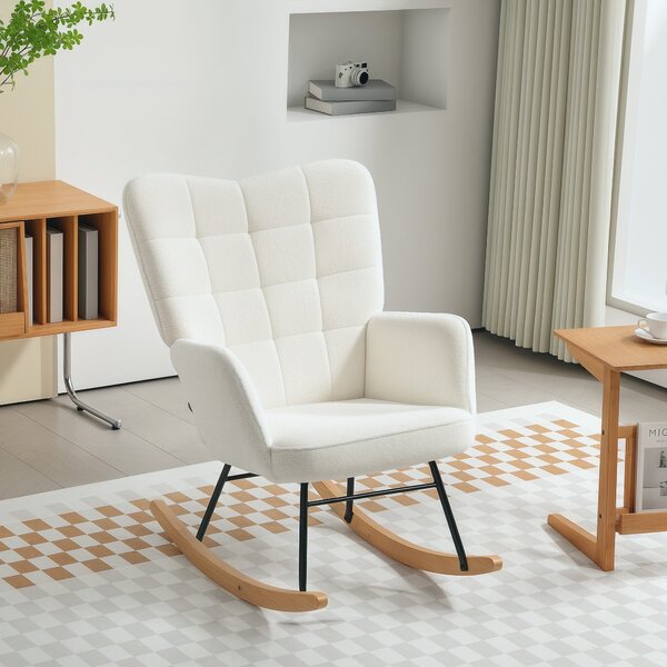HOMCOM houpací křeslo — polstrované křeslo z berberského fleecu s bukovými kluzáky, ergonomické relaxační křeslo do obýváku a ložnice, bílé, nosnost 1