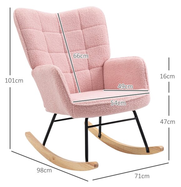 HOMCOM houpací křeslo — prošívaný berber fleece, polstrované křeslo s dřevěnými lyžinami pro obývací pokoj a ložnici, nosnost 120 kg, růžové | Aosom