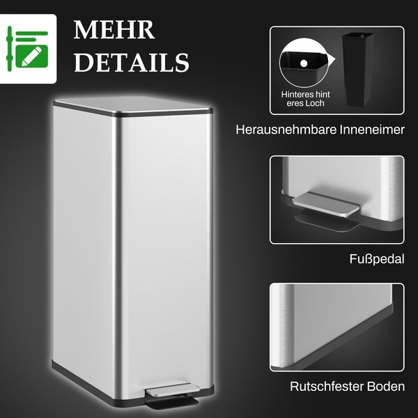 HOMCOM 20L Odpadkový koš se systémem Soft Close a pedálem, odpadkový bin včetně vnitřního kbelíku, sběrač odpadu, nerezová ocel pro koupelnu, ložnici