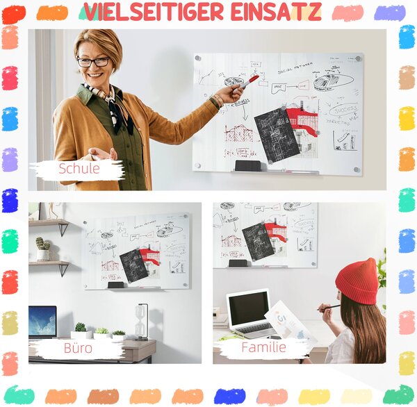 Vinsetto Magnetická Skleněná Tabule s 4 Markery, 6 Magnety, 1 Houbou, 1 Policí, Nástěnný Easel Skleněný Panel Snadno Umyvatelný 90 x 60 cm | Aosom
