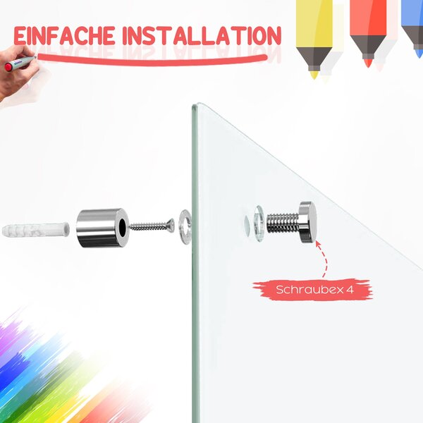 Vinsetto Magnetická Skleněná Tabule s 4 Markery, 6 Magnety, 1 Houbou, 1 Policí, Nástěnný Easel Skleněný Panel Snadno Umyvatelný 90 x 60 cm | Aosom