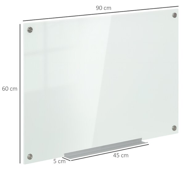 Vinsetto Magnetická Skleněná Tabule s 4 Markery, 6 Magnety, 1 Houbou, 1 Policí, Nástěnný Easel Skleněný Panel Snadno Umyvatelný 90 x 60 cm | Aosom