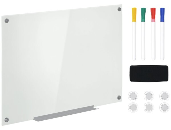 Vinsetto Magnetická Skleněná Tabule s 4 Markery, 6 Magnety, 1 Houbou, 1 Policí, Nástěnný Easel Skleněný Panel Snadno Umyvatelný 90 x 60 cm | Aosom