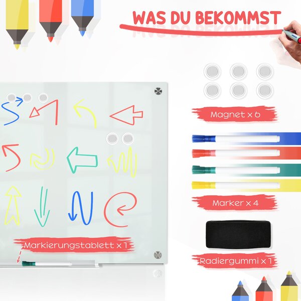 Vinsetto Magnetická Skleněná Tabule s 4 Markery, 6 Magnety, 1 Houbou, 1 Policí, Nástěnný Easel Skleněný Panel Snadno Umyvatelný 90 x 60 cm | Aosom