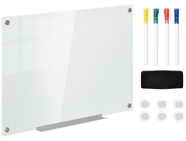 Vinsetto Magnetická Skleněná Tabule s 4 Markery, 6 Magnety, 1 Houbou, 1 Policí, Nástěnný Easel Skleněný Panel Snadno Umyvatelný 90 x 60 cm | Aosom