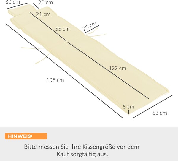 Polštář na lehátko Outsunny s odnímatelným polyesterovým a bavlněným vláknem, krémově bílá 198 x 53 x 5 cm | Aosom
