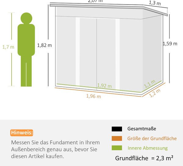 Zahradní kůlna Outsunny z kovu 2,3 m² 207 x 130 x 182 cm - pultová střecha, okno, skládací dveře, odolná kůlna do zahrady | Aosom