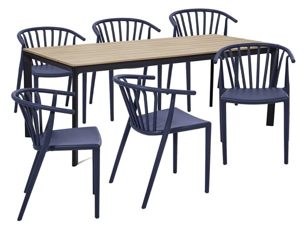 Zahradní jídelní set pro 6 osob s modrou židlí Capri a stolem Thor, 210 x 90 cm
