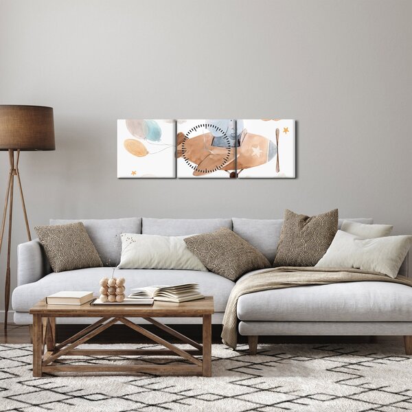 Obraz - Akvarelový slon v letadle (s hodinami) (90x30 cm)