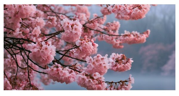 Obraz rozkvetlá sakura nad klidnou vodou