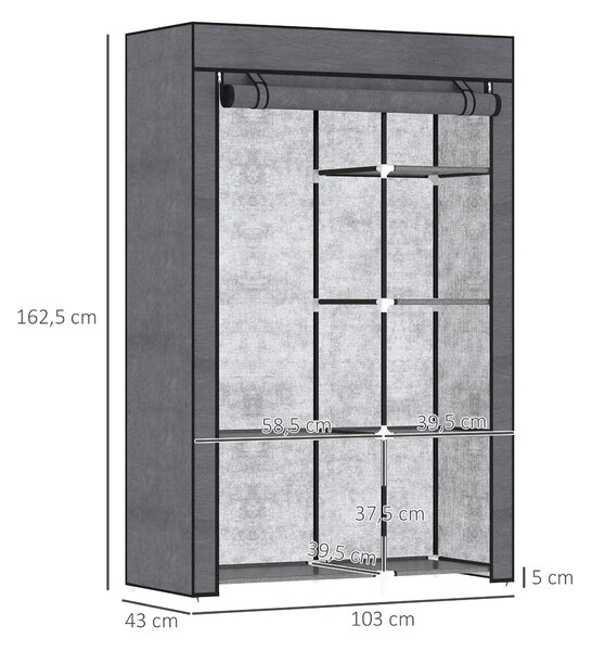 HOMCOM Textilní Šatní Skříň s 6 Policemi, Šatní Tyč, Zipová Skříň do Předsíně a Ložnice, 103 x 43 x 162,5 cm, Tmavě šedá | Aosom