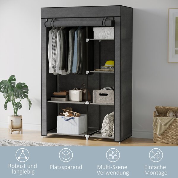 HOMCOM Textilní Šatní Skříň s 6 Policemi, Šatní Tyč, Zipová Skříň do Předsíně a Ložnice, 103 x 43 x 162,5 cm, Tmavě šedá | Aosom