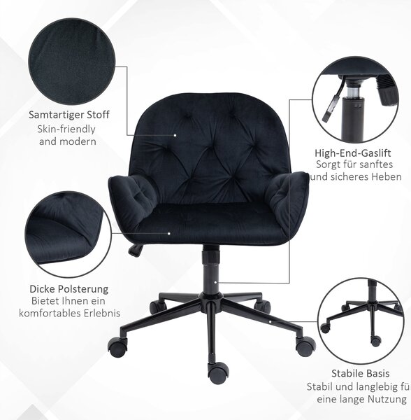 Vinsetto kancelářská židle - otočná výškově nastavitelná executive židle, sametová polyesterová - Černá 60 x 61 x 81-91 cm | Aosom