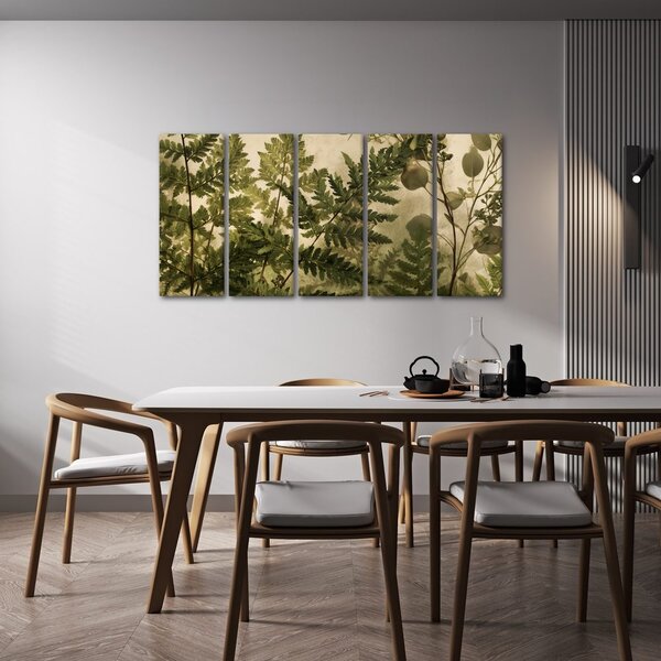 5-dílný obraz botanické kapradiny v sépii