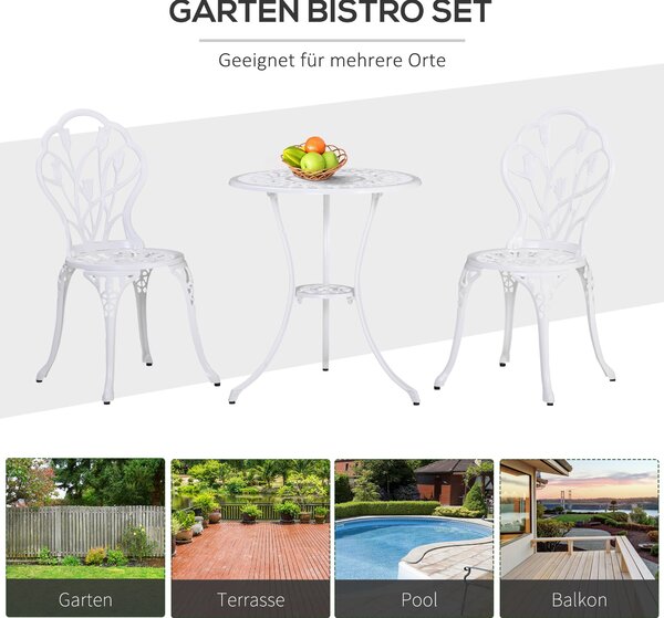 Outsunny 3dílná Bistro souprava z hliníku s vyřezávaným designem – Nábytek na zahradu, zahradní židle, stůl s otvorem pro slunečník, venkovní nábytek