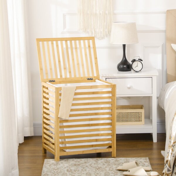 HOMCOM Koš na prádlo 55L s víkem, sběrný box na prádlo s odnímatelným sáčkem, pro ložnici, koupelnu, bambus, 50 x 36 x 60 cm, přirodní | Aosom