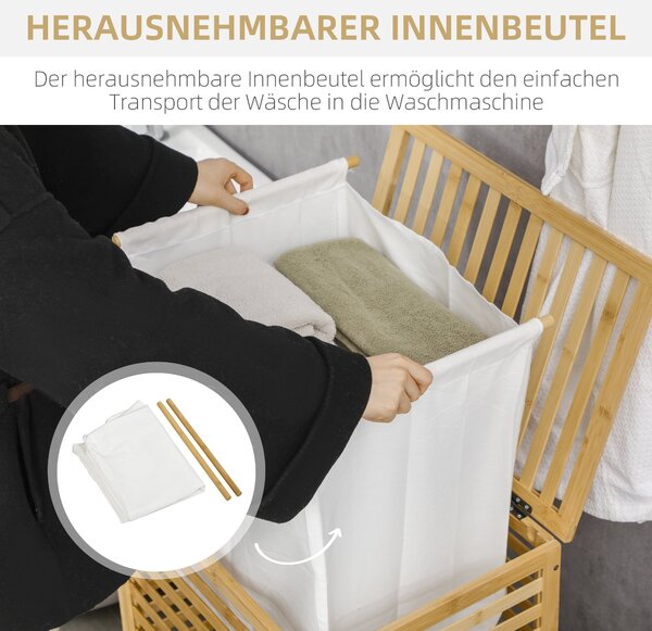 HOMCOM Koš na prádlo 55L s víkem, sběrný box na prádlo s odnímatelným sáčkem, pro ložnici, koupelnu, bambus, 50 x 36 x 60 cm, přirodní | Aosom