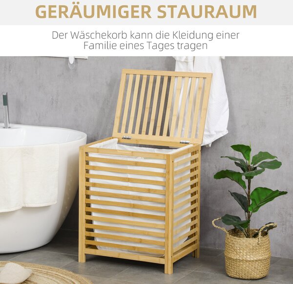 HOMCOM Koš na prádlo 55L s víkem, sběrný box na prádlo s odnímatelným sáčkem, pro ložnici, koupelnu, bambus, 50 x 36 x 60 cm, přirodní | Aosom