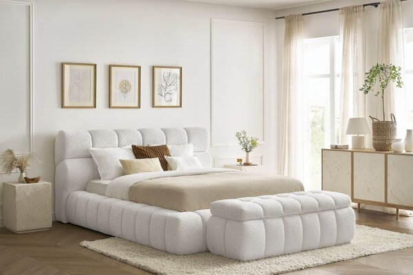 -25 % Dny MOMENTI– Bobochic Paris Bílá bouclé lavice Mont-Blanc 144 cm s úložným prostorem