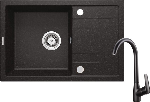 Deante Corio, granitový dřez na desku 670x440x175 mm + dřezová baterie s ramenem ve tvaru "U" černá + 3,5" + prostorově úsporný sifon, 1-komorový, grafitová-černá, ZRCB2113