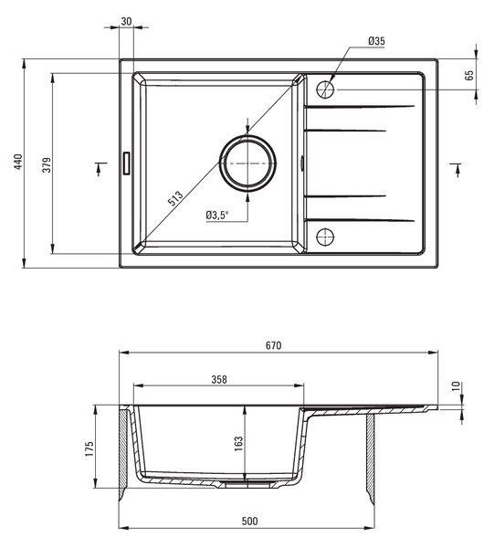 Deante Corio, granitový dřez na desku 670x440x175 mm + dřezová baterie s flexi ramenem chromová-černá + 3,5" + prostorově úsporný sifon, 1-komorový, …