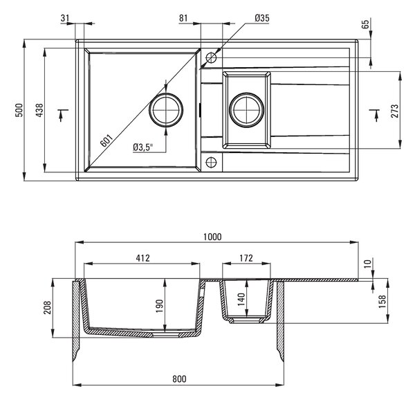 Deante Eridan, granitový dřez na desku 1000x500x208 mm Z/O, 3,5" + prostorově úsporný sifon, 1,5-komorový, grafitová metalíza, ZQE_G513