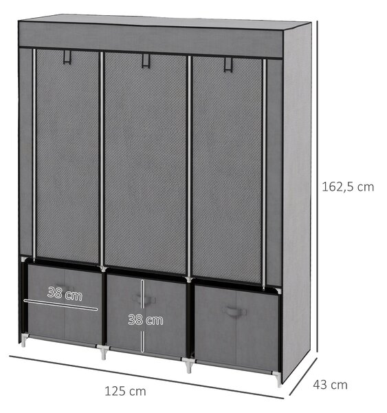 HOMCOM Textilní Skříň s Věšákem, Zásuvkami a Zipem, Skládací Skříň pro Ložnici a Šatnu, 125 x 43 x 162,5 cm, Tmavě Šedá | Aosom