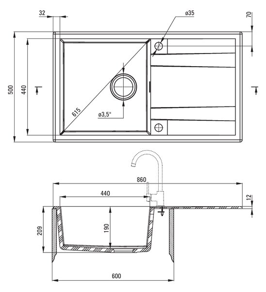 Deante Eridan, granitový dřez na desku 860x500x203 mm Z/O, 3,5" + prostorově úsporný sifon, 1-komorový, grafitová metalíza, ZQE_G113