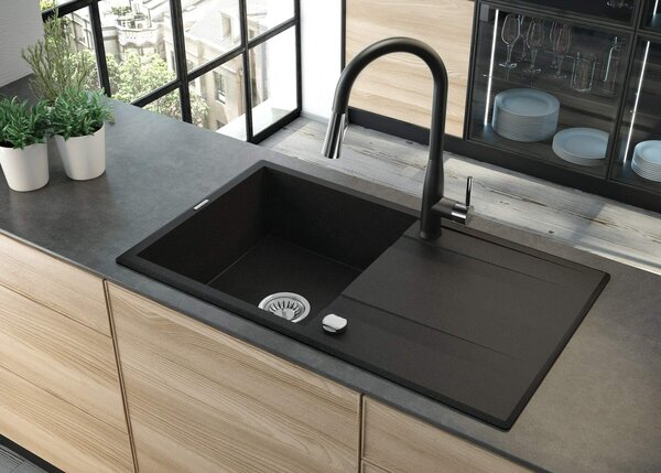 Deante Eridan, granitový dřez na desku 860x500x203 mm Z/O, 3,5" + prostorově úsporný sifon, 1-komorový, grafitová metalíza, ZQE_G113