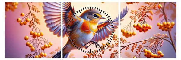 Obraz - Pták s Jeřabinou (s hodinami) (90x30 cm)
