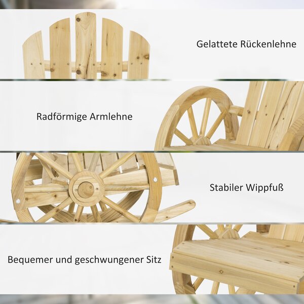 Houpací křeslo Outsunny, rustikální relaxační křeslo, zahradní křeslo s designem kola, houpací křeslo, masivní dřevo, přírodní dřevo, 68 x 88 x 92 cm