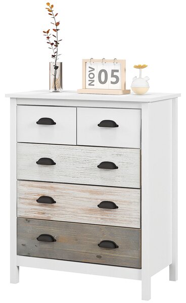HOMCOM Komoda s 5 zásuvkami, úložný kabinet se zásuvkami a úchyty, ochrana proti převrácení, pro ložnici, obývací pokoj, Bílá, 70 x 38 x 85 cm | Aosom