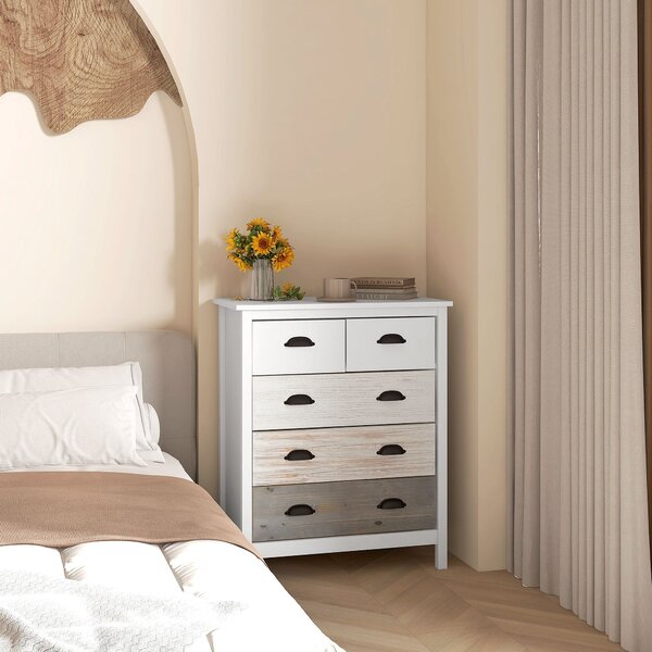 HOMCOM Komoda s 5 zásuvkami, úložný kabinet se zásuvkami a úchyty, ochrana proti převrácení, pro ložnici, obývací pokoj, Bílá, 70 x 38 x 85 cm | Aosom