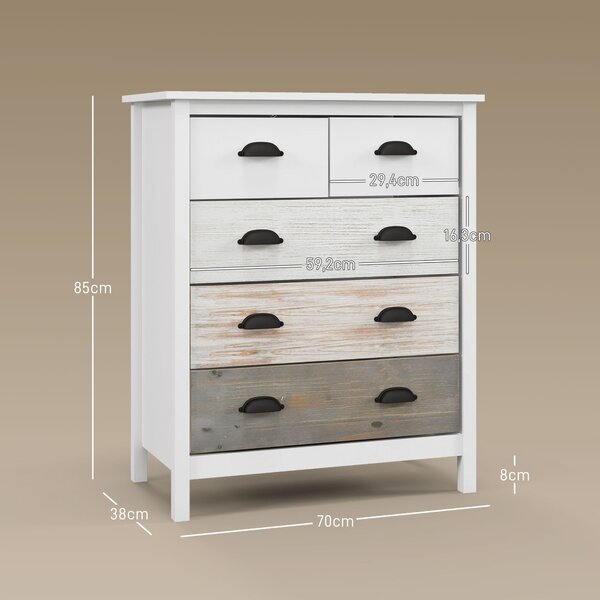 HOMCOM Komoda s 5 zásuvkami, úložný kabinet se zásuvkami a úchyty, ochrana proti převrácení, pro ložnici, obývací pokoj, Bílá, 70 x 38 x 85 cm | Aosom