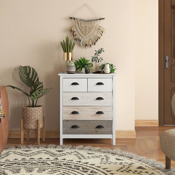 HOMCOM Komoda s 5 zásuvkami, úložný kabinet se zásuvkami a úchyty, ochrana proti převrácení, pro ložnici, obývací pokoj, Bílá, 70 x 38 x 85 cm | Aosom