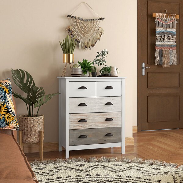 HOMCOM Komoda s 5 zásuvkami, úložný kabinet se zásuvkami a úchyty, ochrana proti převrácení, pro ložnici, obývací pokoj, Bílá, 70 x 38 x 85 cm | Aosom