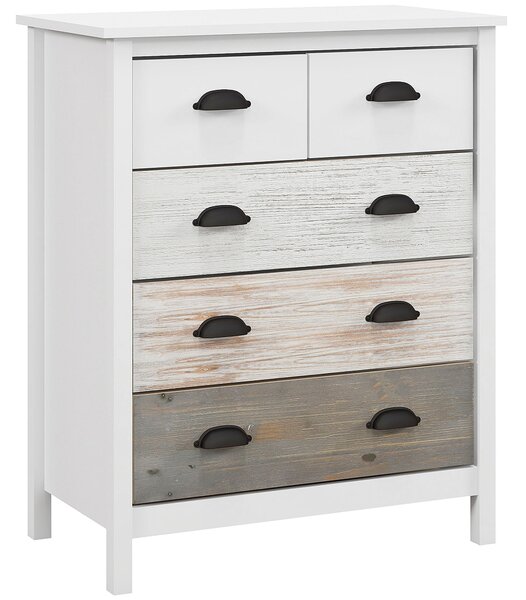 HOMCOM Komoda s 5 zásuvkami, úložný kabinet se zásuvkami a úchyty, ochrana proti převrácení, pro ložnici, obývací pokoj, Bílá, 70 x 38 x 85 cm | Aosom
