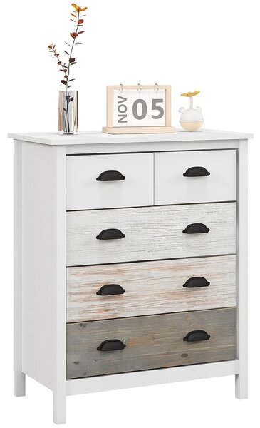 HOMCOM Komoda s 5 zásuvkami, úložný kabinet se zásuvkami a úchyty, ochrana proti převrácení, pro ložnici, obývací pokoj, Bílá, 70 x 38 x 85 cm | Aosom
