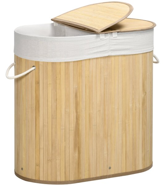 HOMCOM bambusový koš na prádlo s víkem 100L, sběrač prádla s rukojeťmi, 2 odnimatelné tašky na prádlo, třídící box na prádlo pro prádelnu, koupelnu, l