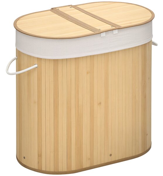HOMCOM bambusový koš na prádlo s víkem 100L, sběrač prádla s rukojeťmi, 2 odnimatelné tašky na prádlo, třídící box na prádlo pro prádelnu, koupelnu, l