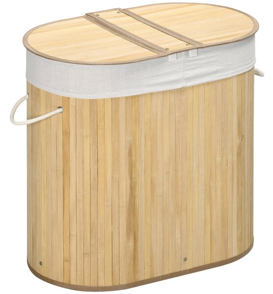HOMCOM bambusový koš na prádlo s víkem 100L, sběrač prádla s rukojeťmi, 2 odnimatelné tašky na prádlo, třídící box na prádlo pro prádelnu, koupelnu, l