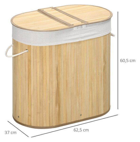 HOMCOM bambusový koš na prádlo s víkem 100L, sběrač prádla s rukojeťmi, 2 odnimatelné tašky na prádlo, třídící box na prádlo pro prádelnu, koupelnu, l