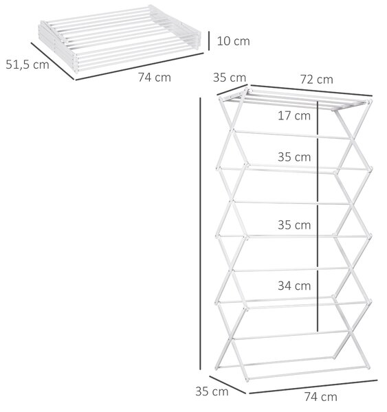 HOMCOM Skládací sušák na prádlo, 8 pater, sušicí věž, sušák na prádlo, kov/plast, bílá, 74 x 35 x 144 cm | Aosom