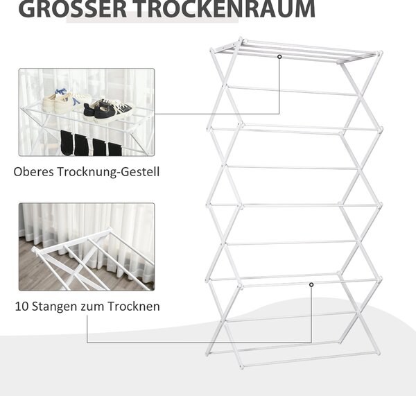 HOMCOM Skládací sušák na prádlo, 8 pater, sušicí věž, sušák na prádlo, kov/plast, bílá, 74 x 35 x 144 cm | Aosom
