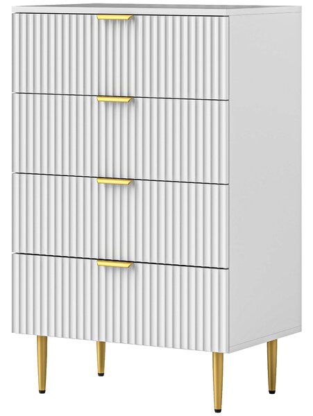 HOMCOM Komoda se 4 Zásuvkami, Moderní Úložný Nábytek s Úchyty a Zlatými Nohami, pro Ložnici, Obývací Pokoj, Rozměry 60 x 40 x 96 cm, Bílá | Aosom