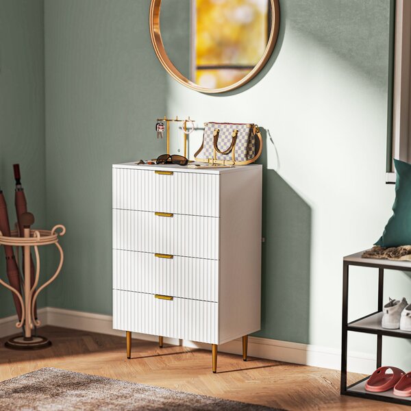HOMCOM Komoda se 4 Zásuvkami, Moderní Úložný Nábytek s Úchyty a Zlatými Nohami, pro Ložnici, Obývací Pokoj, Rozměry 60 x 40 x 96 cm, Bílá | Aosom